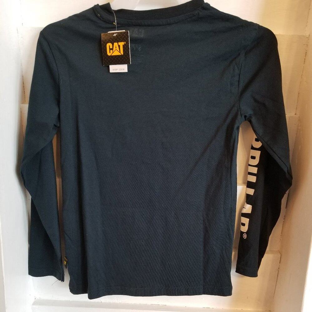 NWT CAT Caterpillar Equipment Boys LS T-shirt Size S 8 Black White Logo & Sleeve - Picture 2 of 5